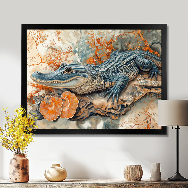 Aligator and Marble Felections II - Crocodile, art mural, H 12 po x l 20 po, Cadre simple, Noir, noir, noir, noir