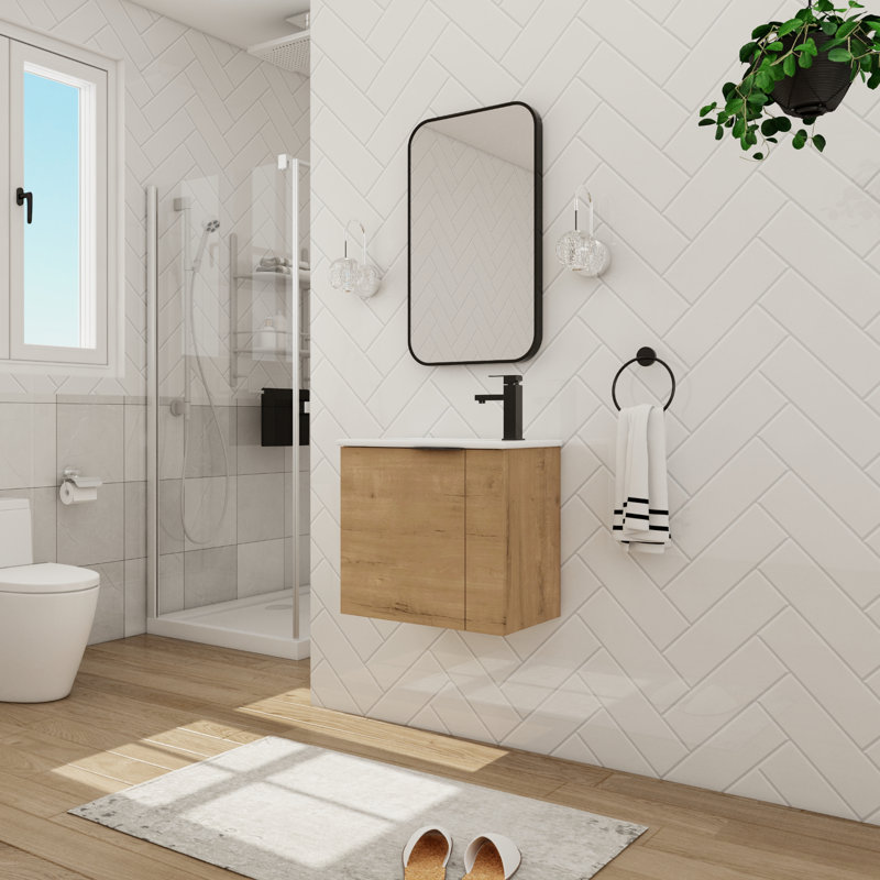 Kannan 22.34'' Single Bathroom Vanity with Ceramic Top, Oaken