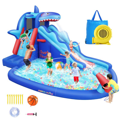 Glissade d'eau gonflable Shark 15,58 pi x 6,67 pi avec souffleur d'air, jeu gonflable Shark avec glissade pour mouillé et sec, aire de jeu pour enfants, cour d'escalade, jante de basketball, pataugeoire, canon à eau