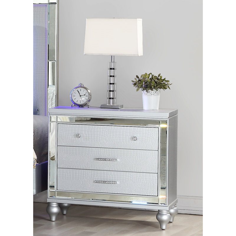 Table de chevet moderne 3 avec miroir - Style de chambre à coucher argenté en option glamour