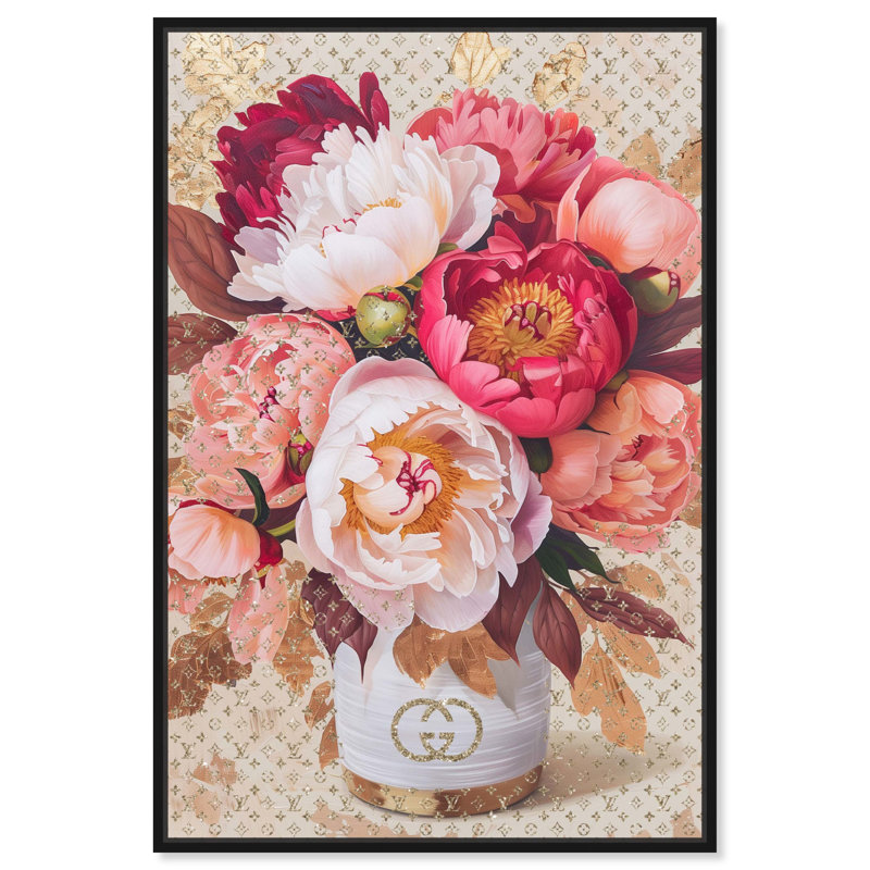 Art floral sur toile, belles pivoines, Cadre noir, H 16 po x l 11 po