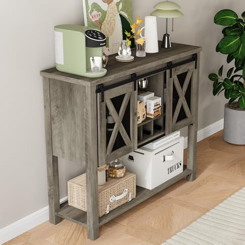 Farmhouse Coffee Bar Cabinet with Storage, Sliding Barn Door Sideboard Buffet, Wine Bottle & Glass Storage Cabinet, Grey