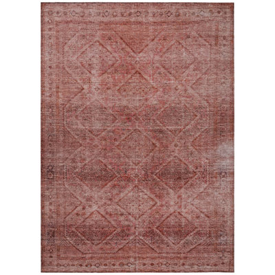 5' X 8' Pink And Ivory Geometric Washable Indoor Outdoor Area Rug