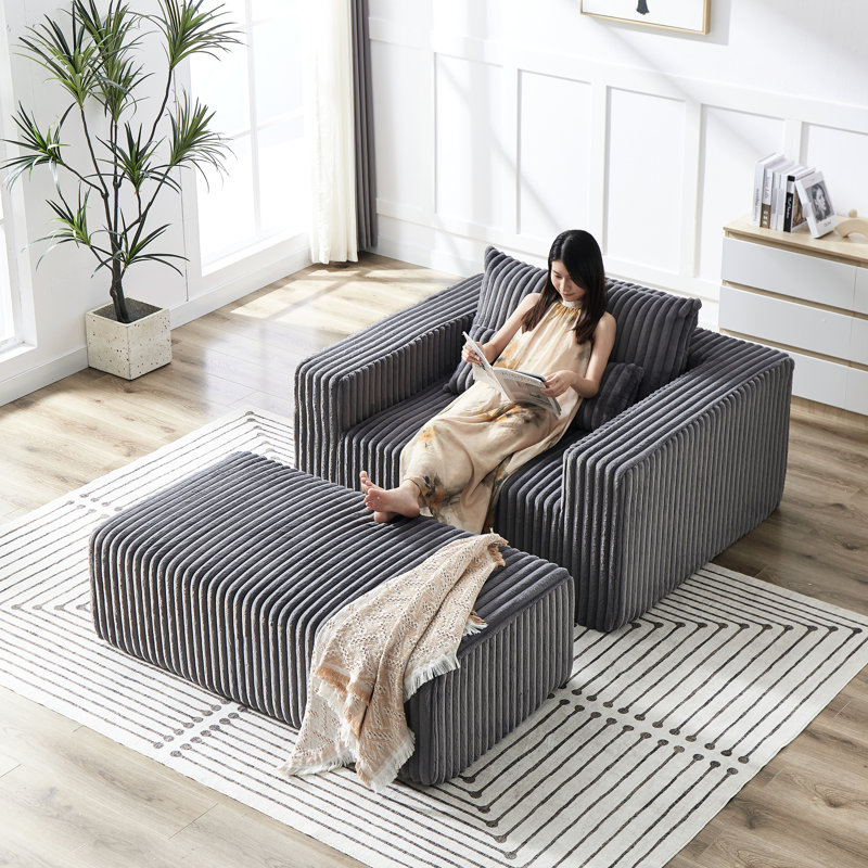 Fauteuil-lit de 75 po en velours côtelé moderne avec repose-pieds amovible, Gris