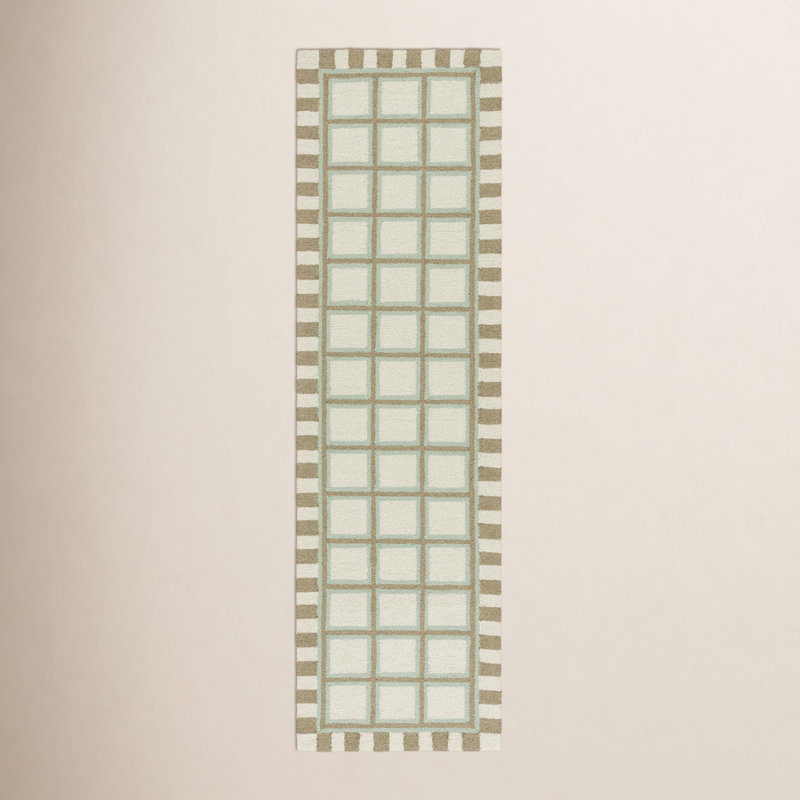 Hand Tufted Wool/Cotton Geometric Rug in Green/Ivory, Runner 2'3" x 8'