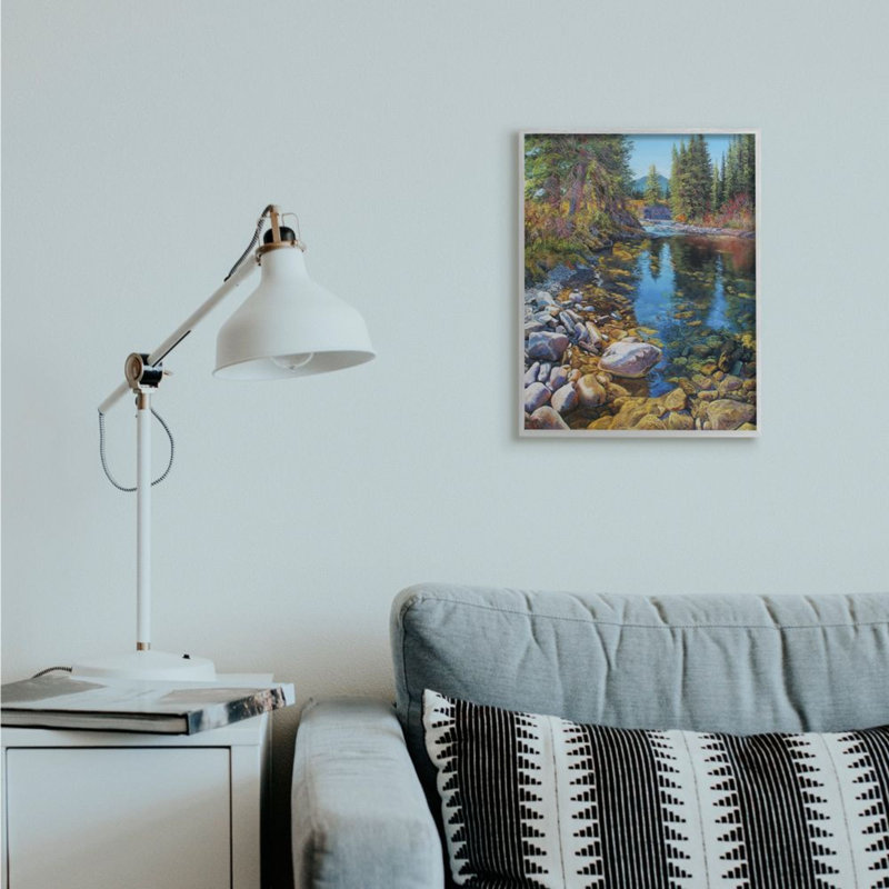 «Creek Landscape with Stones Pine Tree Forest» par Andrew Kiss - reproduction d'art, H 20 po x l 16 po