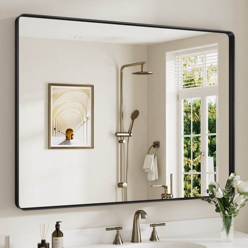 Miroir de salle de bain mural Llesenia, Noir mat, 48 po x 36 po, Rectangulaire