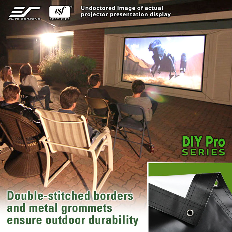 DIY Pro, 250" Diag, Indoor/Outdoor Matte White Front Projection Screen w/Grommets, Ropes, Carry Pouch, Black Borders