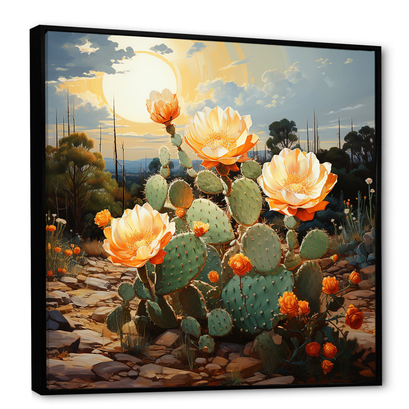 Cactus floral coucher de soleil désert à Salvador - art mural désert, Cadre flottant noir, H 16 po x l 16 po