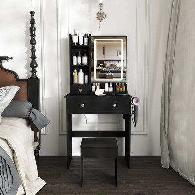 Modern Small Vanity Desk ,Featuring 3 Modes Of LED Lighting With Adjustable Brightness, 3 Drawers And Multiple Open Storage Shelves, A Hair Dryer Holder And Power Socket, And A Dressing Chair
