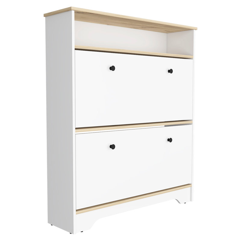 Range-chaussures H 46 po, une tablette de rangement ouverte, deux tiroirs de rangement internes, deux portes, Blanc