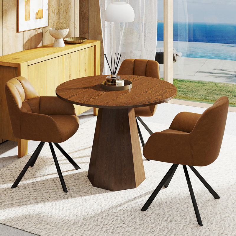 Ensemble de tables de salle à manger rondes de style Mid-Century avec chaises pivotantes, Noyer, 4 pièces: table, 3 chaises