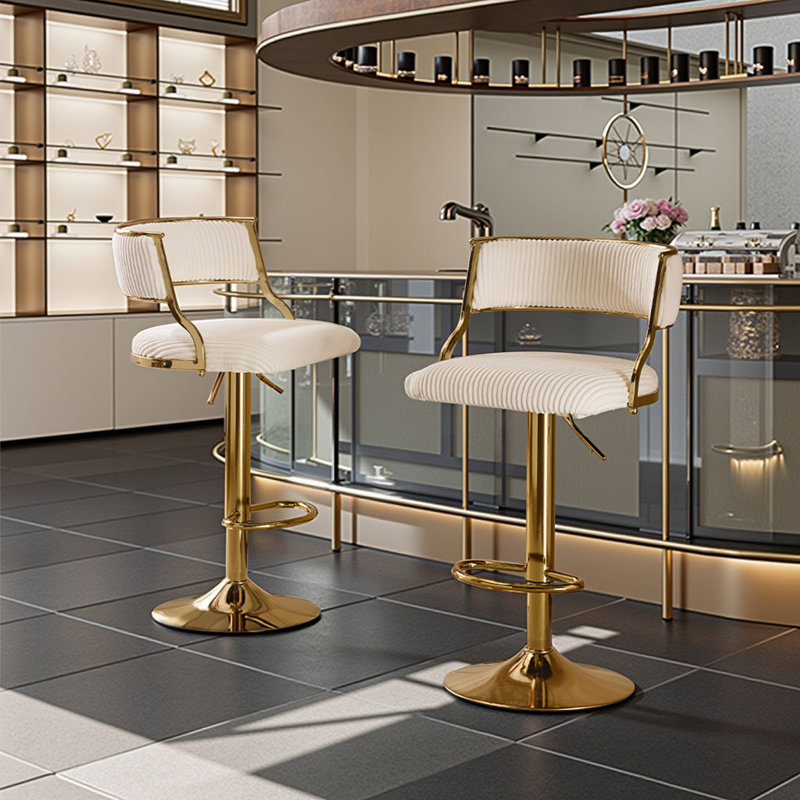 Beige 2pcs Bar Stools with Thick Corduroy Seat Electroplated Gold Trumpet Disk Base and Swivel Function, Cream