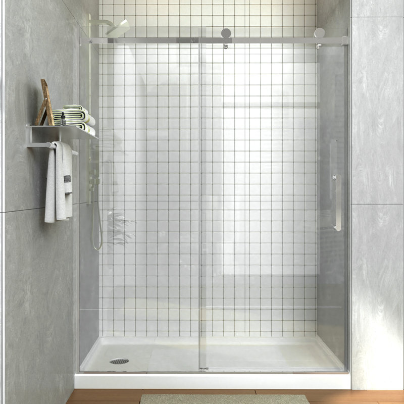 Porte de douche coulissante simple sans cadre de 56 à 60 po x H 76 po avec traverse supérieure réglable en largeur, verre trempé de 5/16 po (8 mm) certifié ANSI et SGCC, chrome