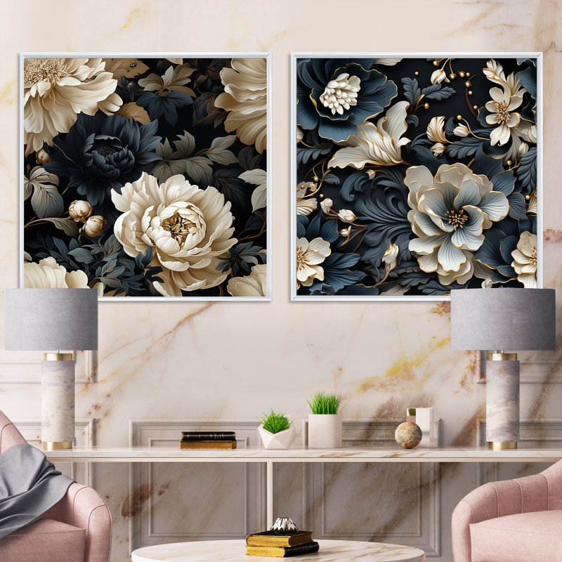 Ilyana - Ensemble de 2 collages carrés botaniques abstraits, H 16 po x l 33 po, Cadre flottant blanc