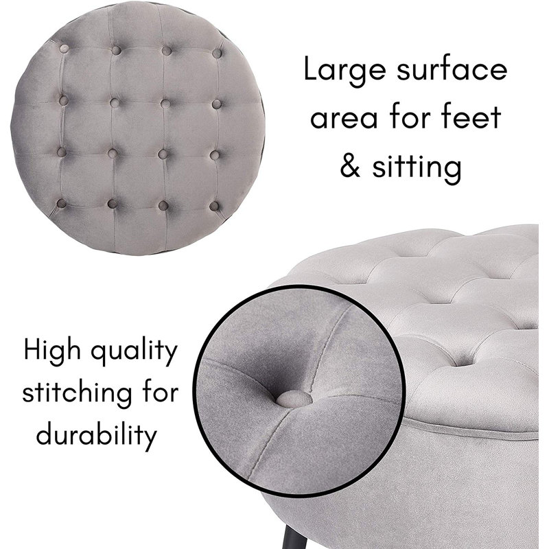 BirdRock Home 24" Round Tufted Velvet Ottoman Foot Stool, Gray