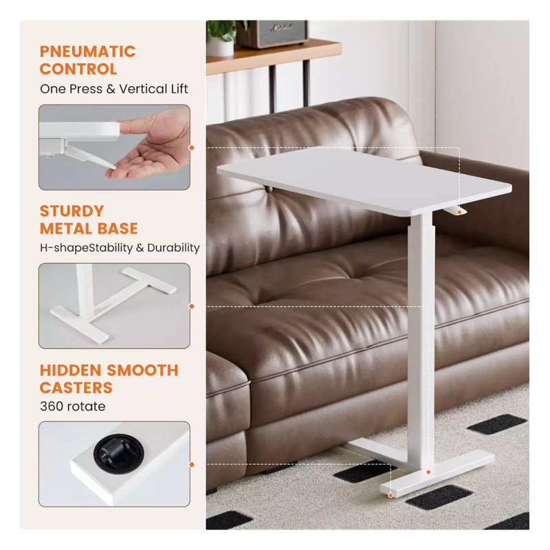 Overbed Bedside Sofa Table with Hidden Wheels Adjustable Height for Bedroom Desk, White