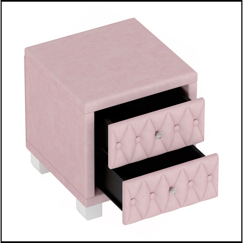 Elegant Velvet Nightstand With 2 Drawers And Crystal Handle, Storage Bedside Table With Button-Tufted, Pink
