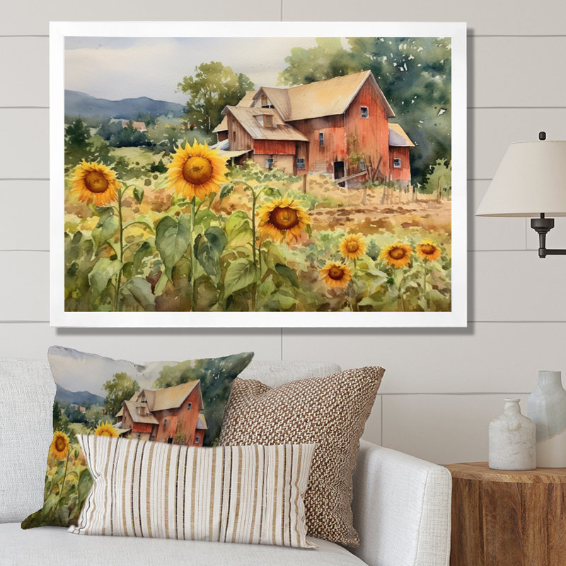 Tournesol doré à la ferme III - art mural floral, H 24 po x l 32 po x P 1 po, Cadre photo blanc