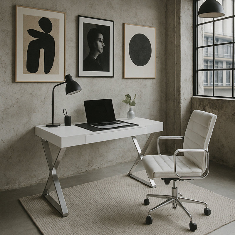 Abela Computer Desk, White/Black, Silver