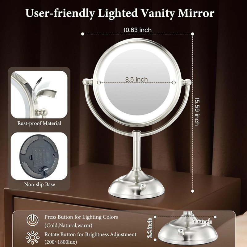 Miroir de maquillage professionnel avec lumières plus lumineuses, miroir grossissant True HD avec 3 lumières à intensité variable, 90 lumières à DEL sans ombre, miroir de coiffeuse pivotant à 360 °, perle