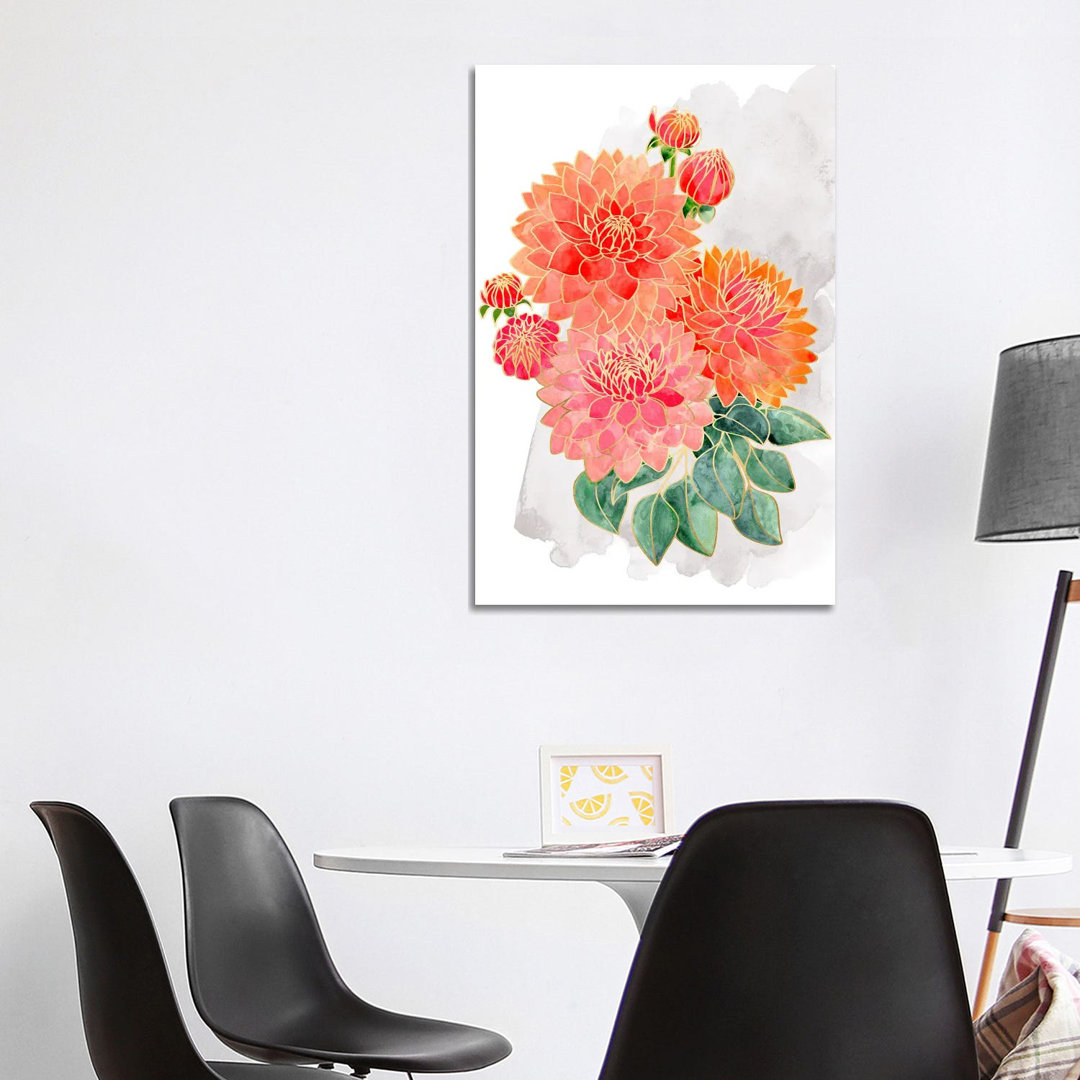 Pacey Dahlien Bouquet In Coral Watercolor von Blursbyai - Galerie-verpackt Leinwand Giclée auf Leinwand