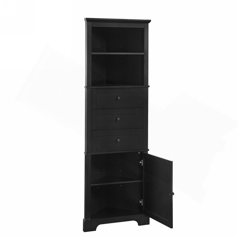 Armoire haute triangulaire avec 3 tiroirs et tablettes réglables pour la salle de bain, la cuisine ou le salon, panneau de fibres à densité moyenne avec finition peinte