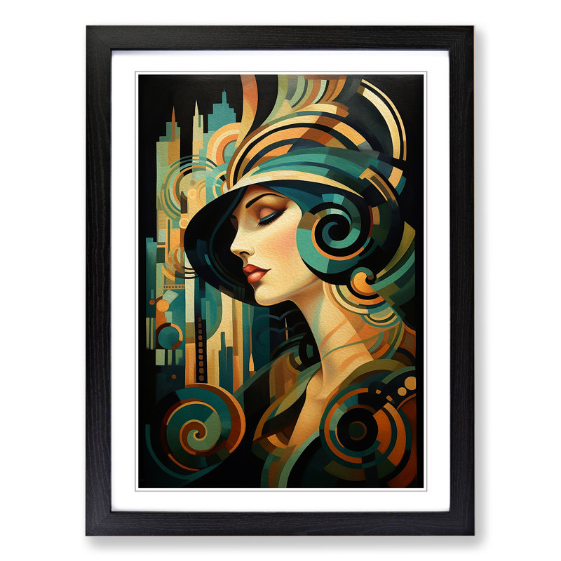 Art Deco Woman Abstract No.4 - Single Picture Frame Print on Wood, 64cm H x 46cm W x 2cm D, Black Framed