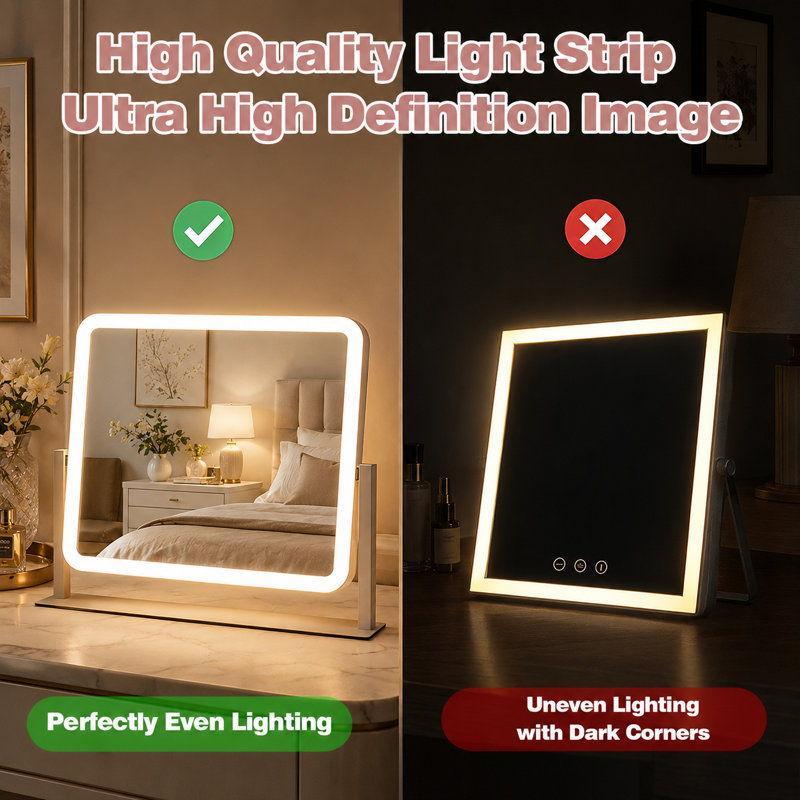 Square LED Lighted Tabletop Vanity Makeup Mirror with 3 Color Dimmable Lights