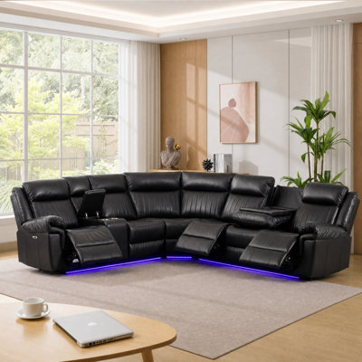 3-Piece Faux Leather L-Shaped Power Recliner Sofa with LED Lighting, Wireless Charging & Multimedia Console