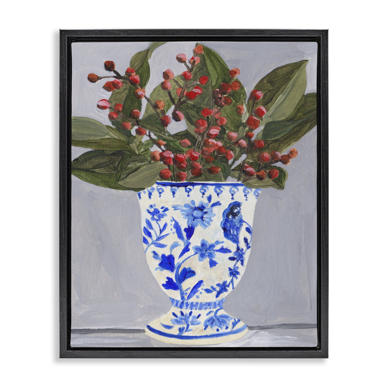 «Winter Heirloom Vase», art mural encadré sur toile flottante, design par Melissa Wang, Cadre flottant noir de jais