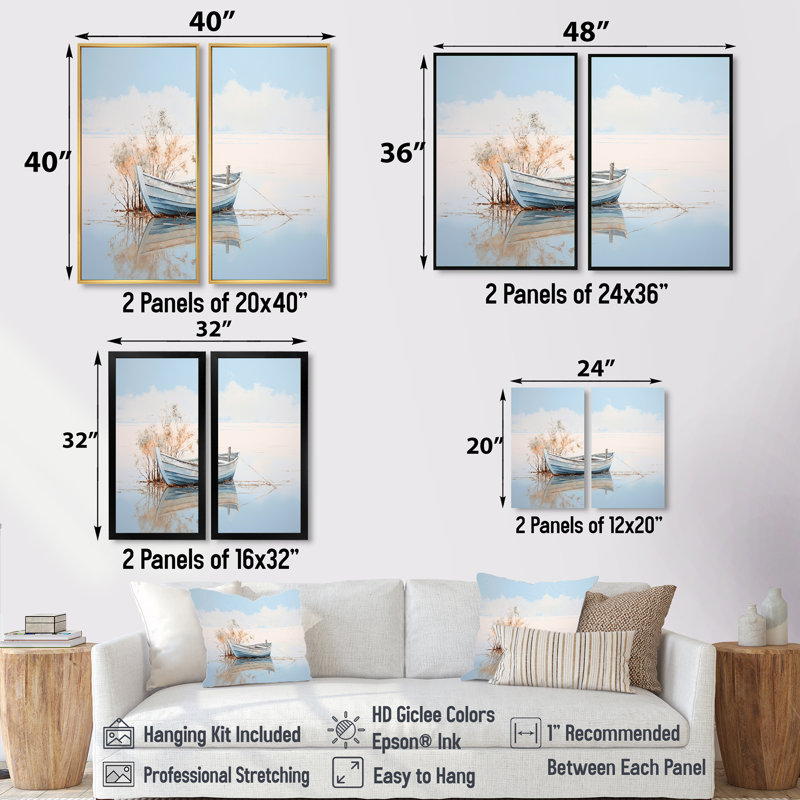 Bleu et blanc, petit bateau au bord du lac - ensemble de 2 décorations murales encadrées, H 20 po x l 24 po, Noir
