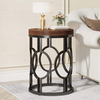 Table de bout ronde industrielle avec structure ajourée en métal - plateau rustique