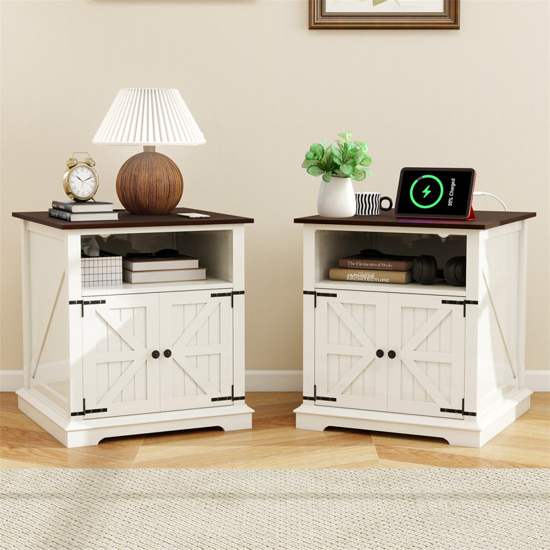 Farmhouse Nightstand With Charging Station, 24” Large End Table With Barn Doors, White/Brown, Individual