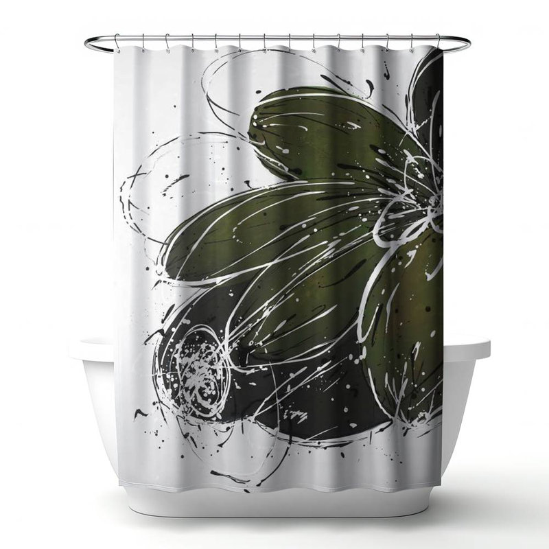 Modern White Botanical – Green Flower Design – Polyester Shower Curtain, Dye Sublimation Print, 71" W × 74" L