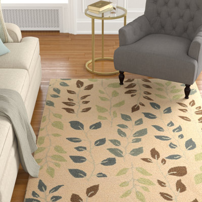 Tapis en laine fabriqué à la main à motif floral beige / brun / bleu marine / vert clair Norvelt