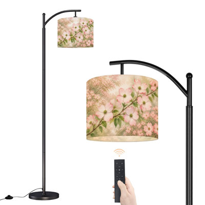 Dimmable LED Arc Standing Floor Lamp Delicate Pink Dogwood Blossoms, Height Adjustable Lamp Shade with Remote Controller, for Living Room Bedroom Office