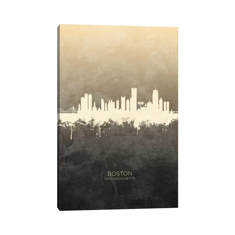 Boston Massachusetts Skyline Taupe by Michael Tompsett - Wrapped Canvas Print, 20.32 cm H x 30.48 cm W