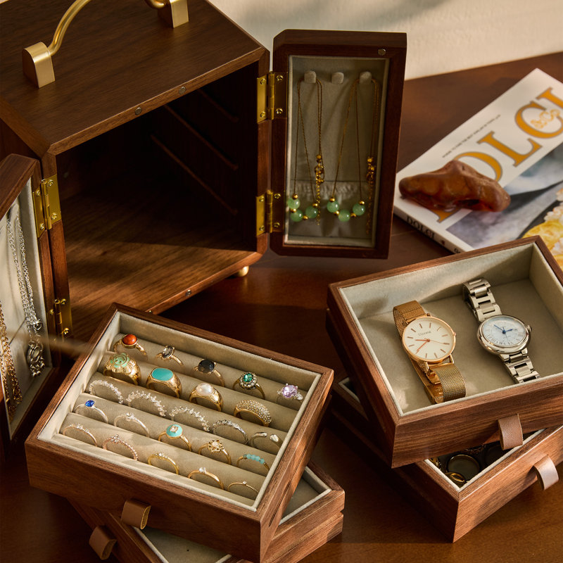 4-Layer Wooden Jewelry Box with Carrying Handle