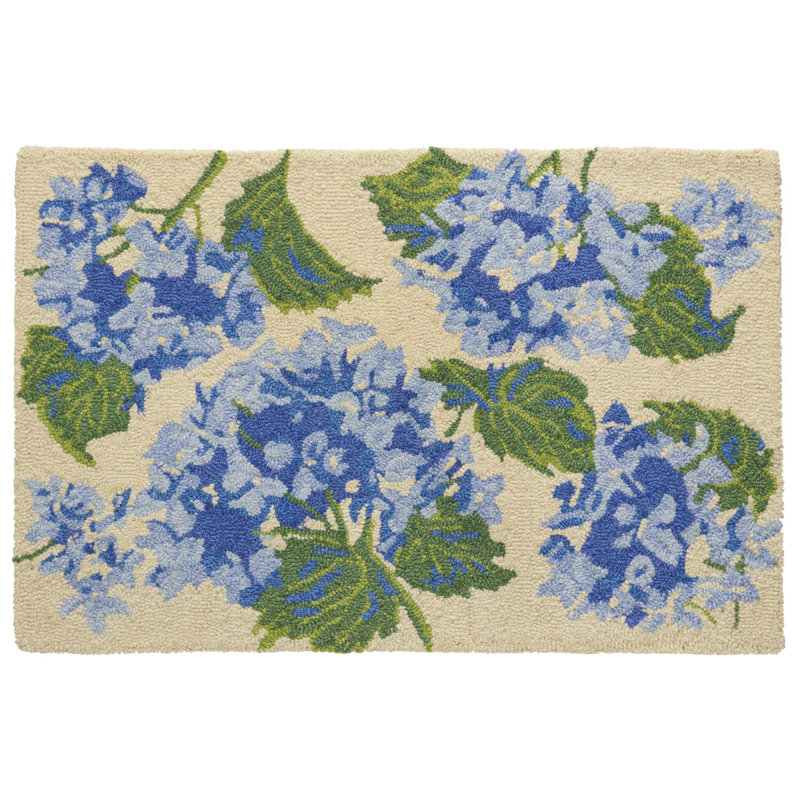 Tapis bleu floral en laine crocheté à la main