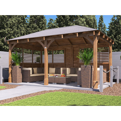 Dunster House Wooden Gazebo Kit Louvre Wall 6m x 3m with Roof Shingles Leviathan	