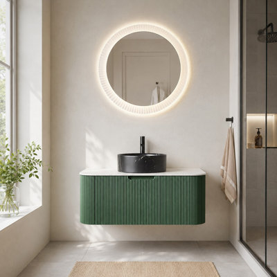 Meuble-lavabo suspendu de 91 cm avec tiroir de rangement et lavabo rond noir mat