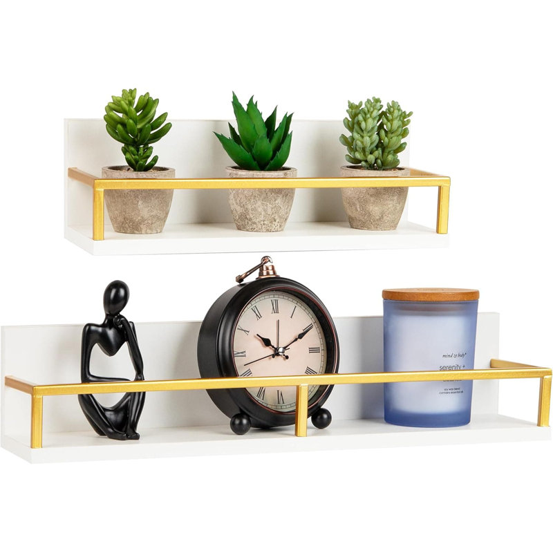 Floating Shelves Set Of 2, Wall-Mounted Display Storage With Metal Rail, Modern Office Organizers For Home And Office