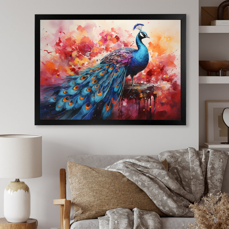 Acrylique multicolore sur toile rouge, représentation d'un paon rouge, H 34 po x l 44 po x P 1,5 po, Cadre simple noir