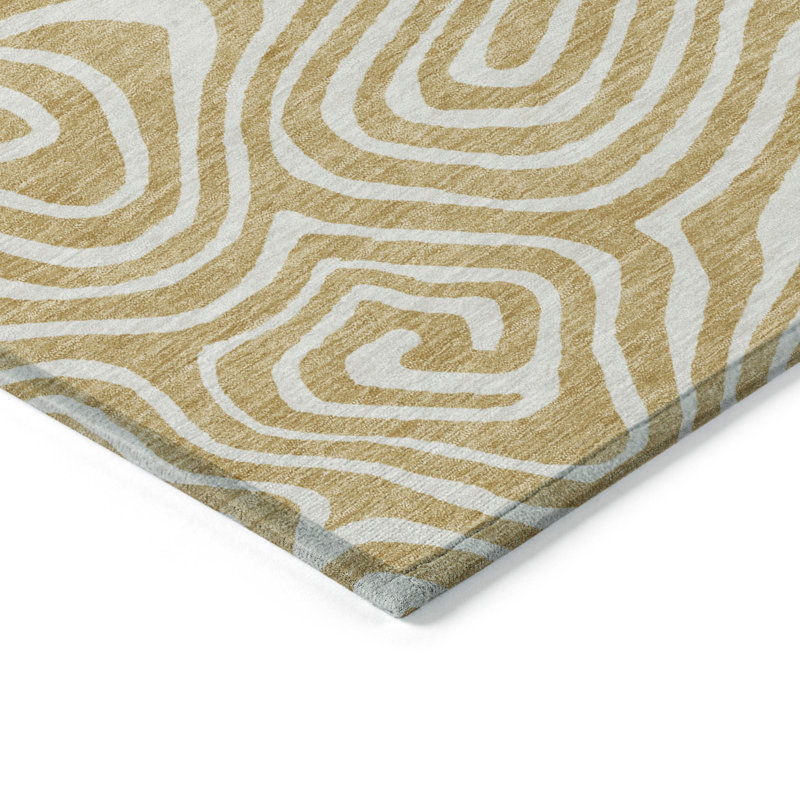 Gold and White Flat Woven Synthetic Rectangular Rug