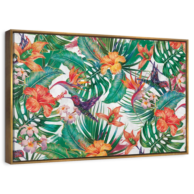 Colibris et fleurs tropicales, Cadre flottant doré, 25 po x 17 po