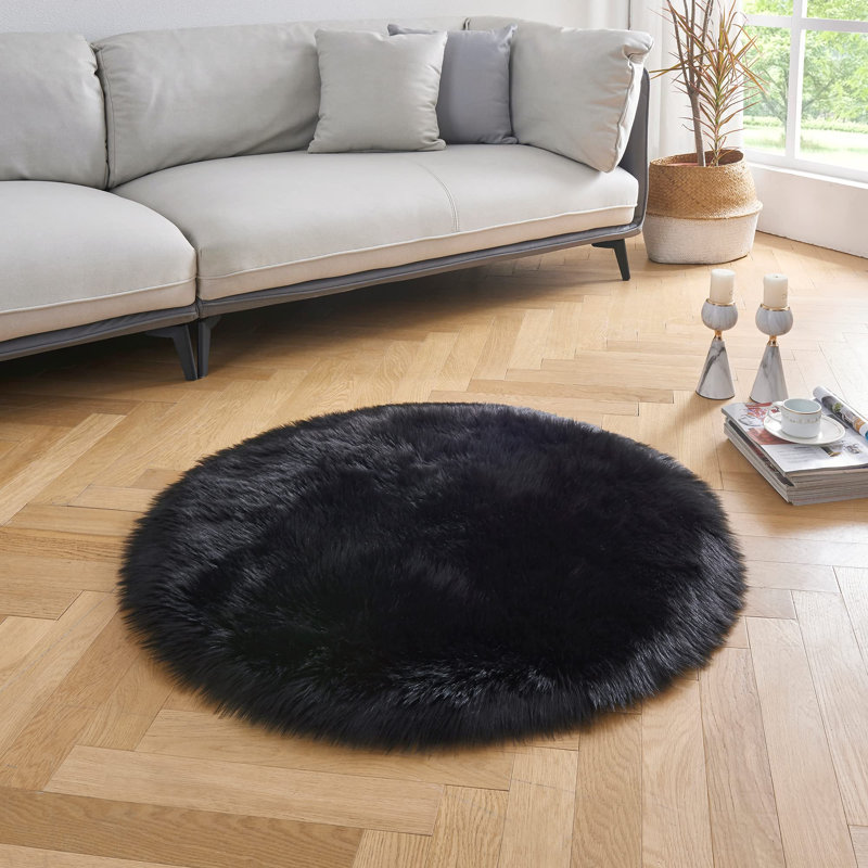 Gulafsha Faux Sheepskin Fur Fluffy Shag Round Area Rug in Black, Round 6'6''