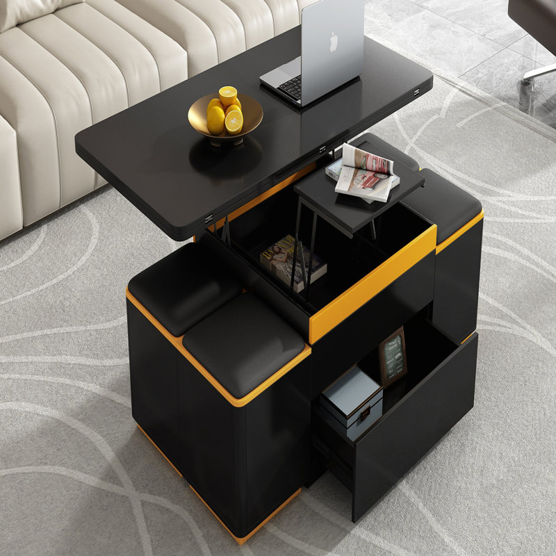 Table basse à plateau relevable avec 4 tabourets de rangement, Noir