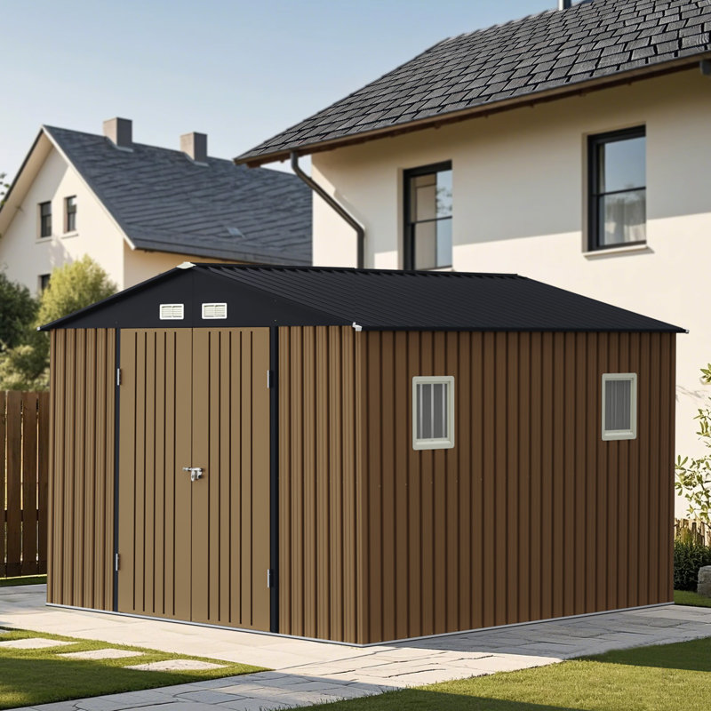 Remise de rangement extérieure en métal avec fenêtres, 8 pi L 6 pi. D, Brun