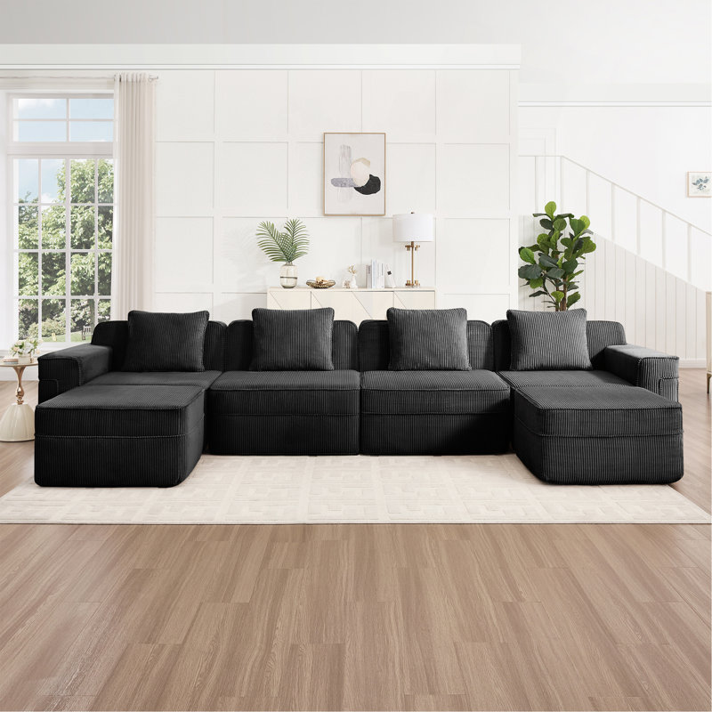 Canapé modulaire modulaire en forme de U sans siège à 4 places, canapé modulaire Cloud avec assise profonde, canapé modulaire moderne à 4 places avec coussins décoratifs et 2 repose-pieds amovibles, tissu en velours côtelé